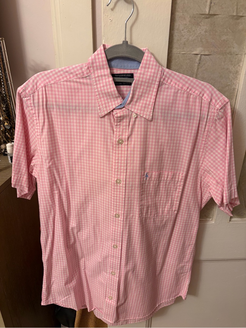 Tailorbyrd Men's Pink Gingham Short-Sleeve Button-Down Shirt